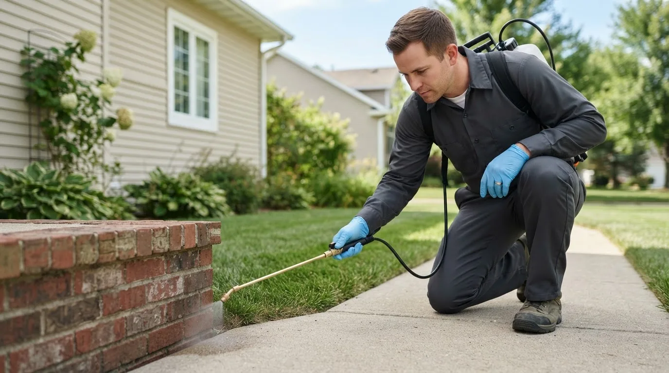 Pest control technician treating a home near Claytonville, IL